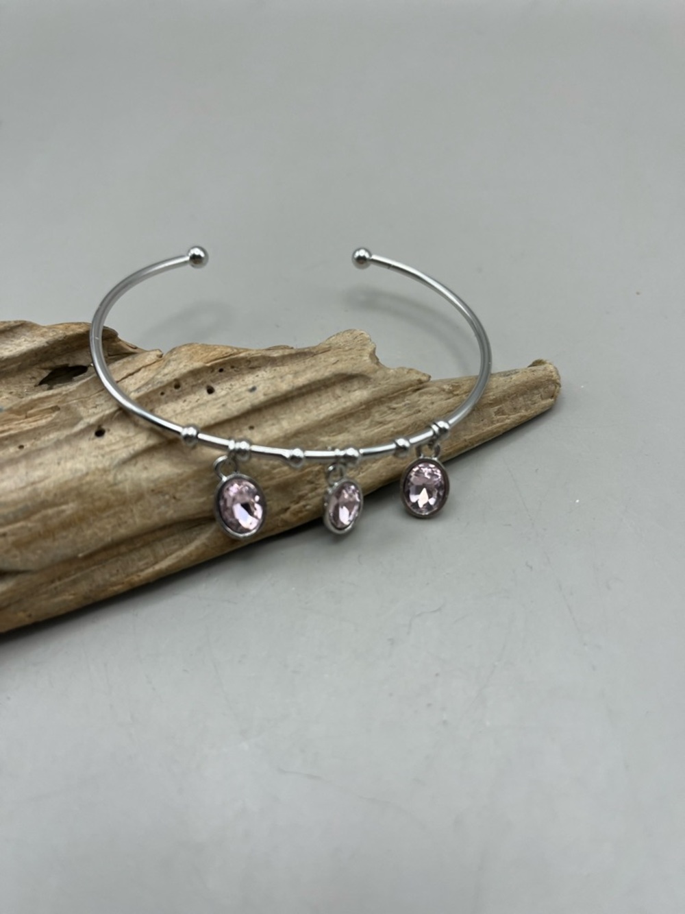 Silver Bangle Bracelet with Pink Crystal Charms